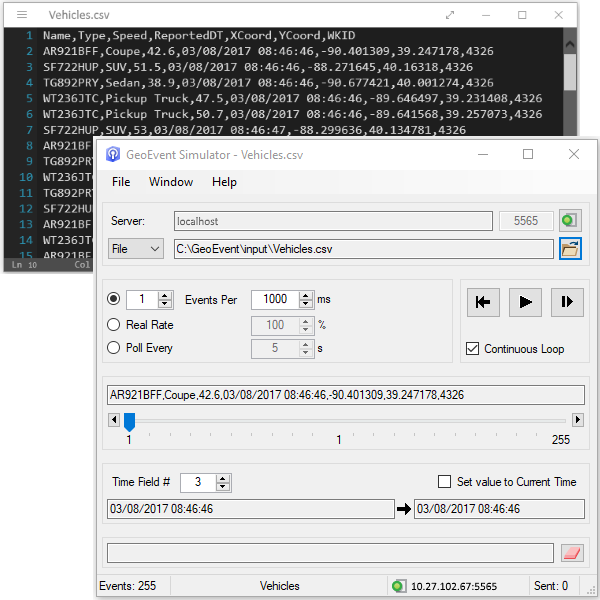 Delimited text being sent using GeoEvent Simulator. Delimited text being sent using GeoEvent Simulator.